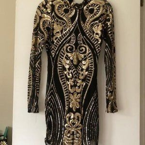 Black & Gold Sequin Bodycon Long Sleeve Dress